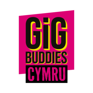 Gig Buddies Cymru logo - black and pink lettering on a wonky pink box