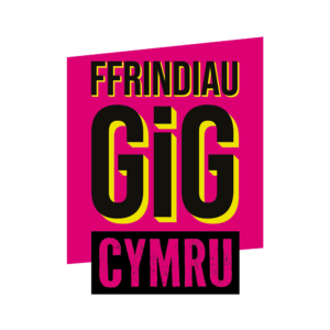 Welsh Ffrindiau Gig logo - black and yellow lettering on a wony pink box