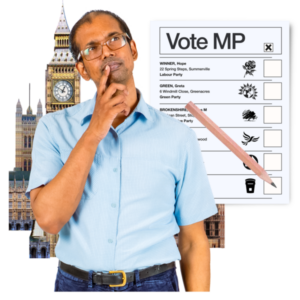 a man in a light blue shirt is thinking about what MP to vote for. Behind him is a ballot paper and the houses of parliament