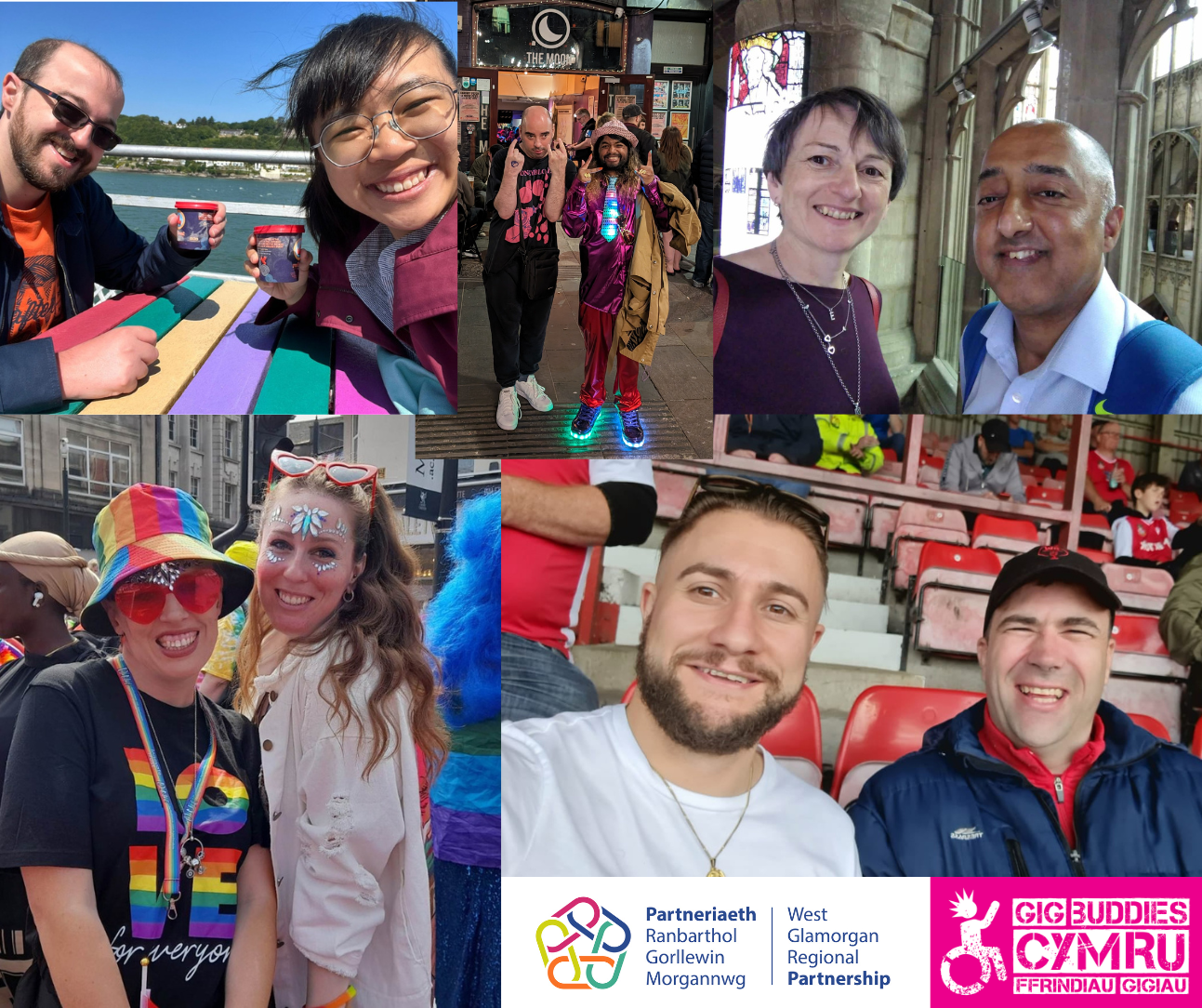 A collage of photos of Gig Buddy pairs at events, including Pride Cymru, a football match, a gig, visiting a cathedral and enjoying ice cream together