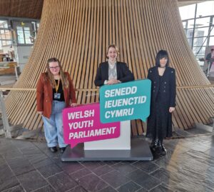 3 Welsh Youth Parliament Members including Georgia stood by the funnel in the Senedd holding a large cardboard Welsh Youth Parliament logo