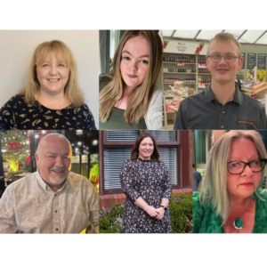 Collage of 6 photoso of our new trustees, Adele has long blonde hair and a dark patterned shirt, Georgia is a young person with long brown hair, James is standing in a shop wearing a grey shirt and glasses, Jonathan has close cropped hair and a white shirt, Lynne is standing in front of an office wearing a long patterned dress, and Nadine has shoulder length blonde hair and is wearing glasses