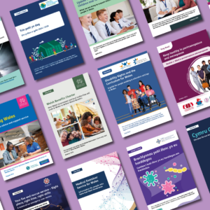 collage of various easy read booklets that have been made by Easy Read Wales - including subjects about benefits, disability rights in education, employment and perimenopause